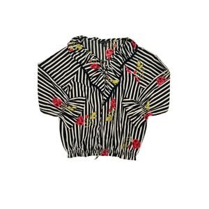 New Glory Women’s Black & White Striped Blouse w/Roses Medium